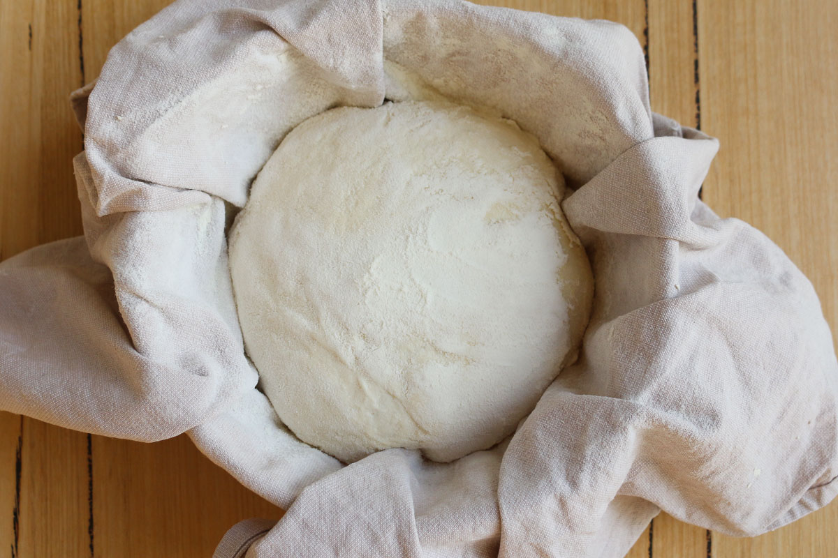 Mezcla de masa madre en un recipiente cubierto con un paño de cocina.